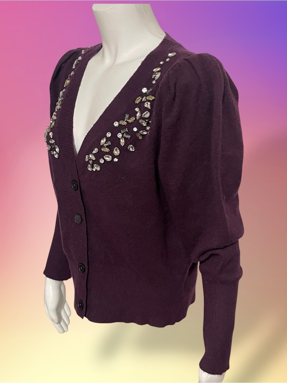 Express Plum Embellished V-Neck Puff Sleeve Cardigan Size Large 6525